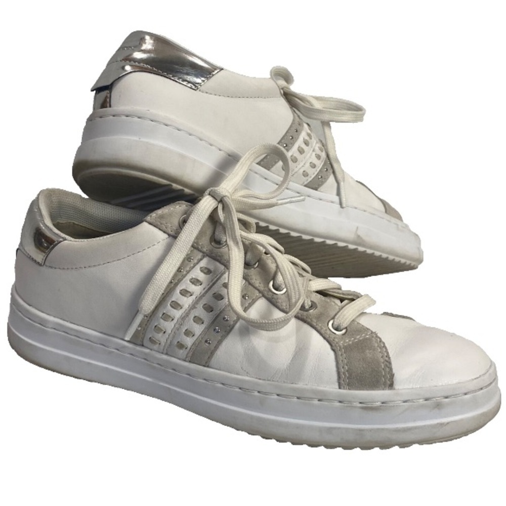 Geox Respira Pontoise White Silver Leather Sneaker Women's 9